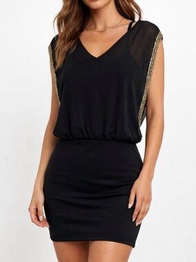 Windsor Black Beaded Sleeveless Mini Dress Sheer Blouson Top, Fitted Skirt NEW